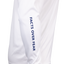 Closeup of sleeve of white Performance Hoodie showing navy "FACTS OVER FEAR" text