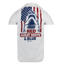 White tee with shark and flag graphic with  text "RED GREAT WHITE & BLUE OCEARCH"