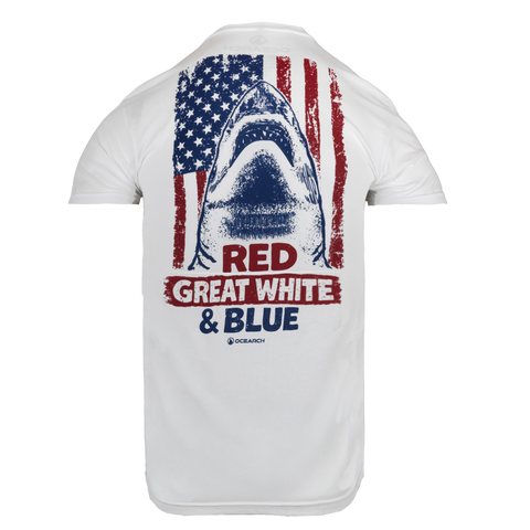 White tee with shark and flag graphic with  text "RED GREAT WHITE & BLUE OCEARCH"