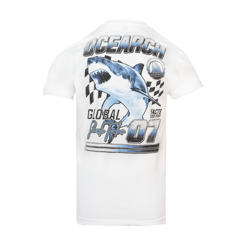Rear view of White t-shirt with shark graphic and vintage "OCEARCH GLOBAL SHARK TRACKER FACTS OVER FEAR 07" text