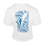 Rear view of white cropped tee with shark swimming through waves graphic